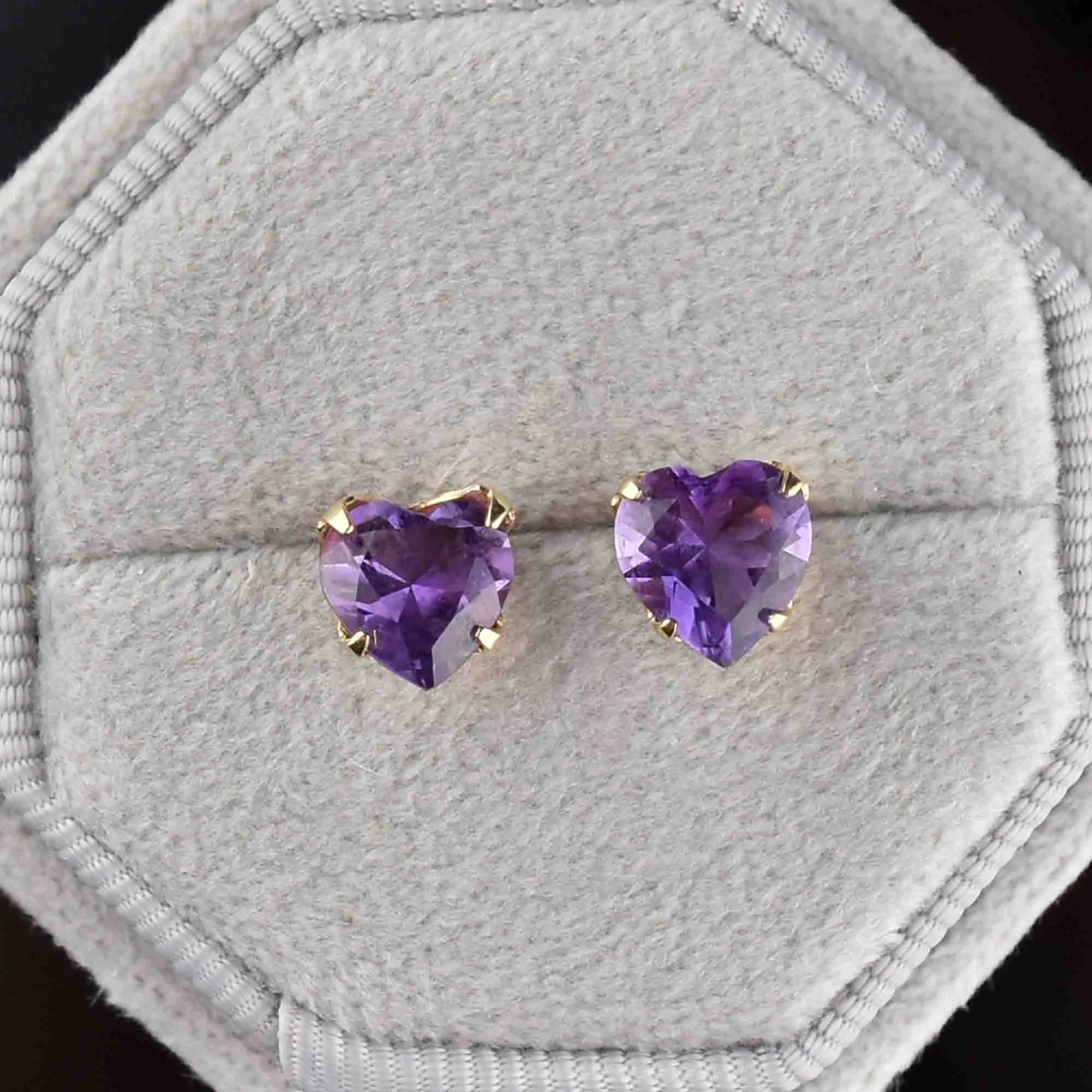 14K Gold Amethyst Heart Post Earrings