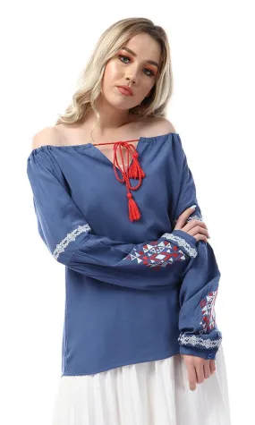 53983 Lace Up Neck And Bell Sleeves Steal Blue Blouse