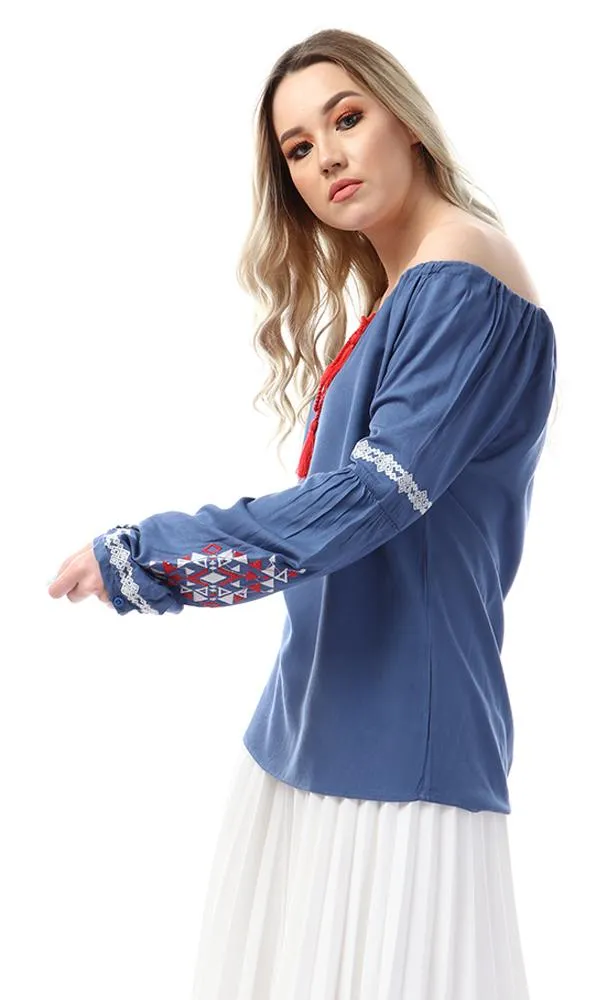 53983 Lace Up Neck And Bell Sleeves Steal Blue Blouse