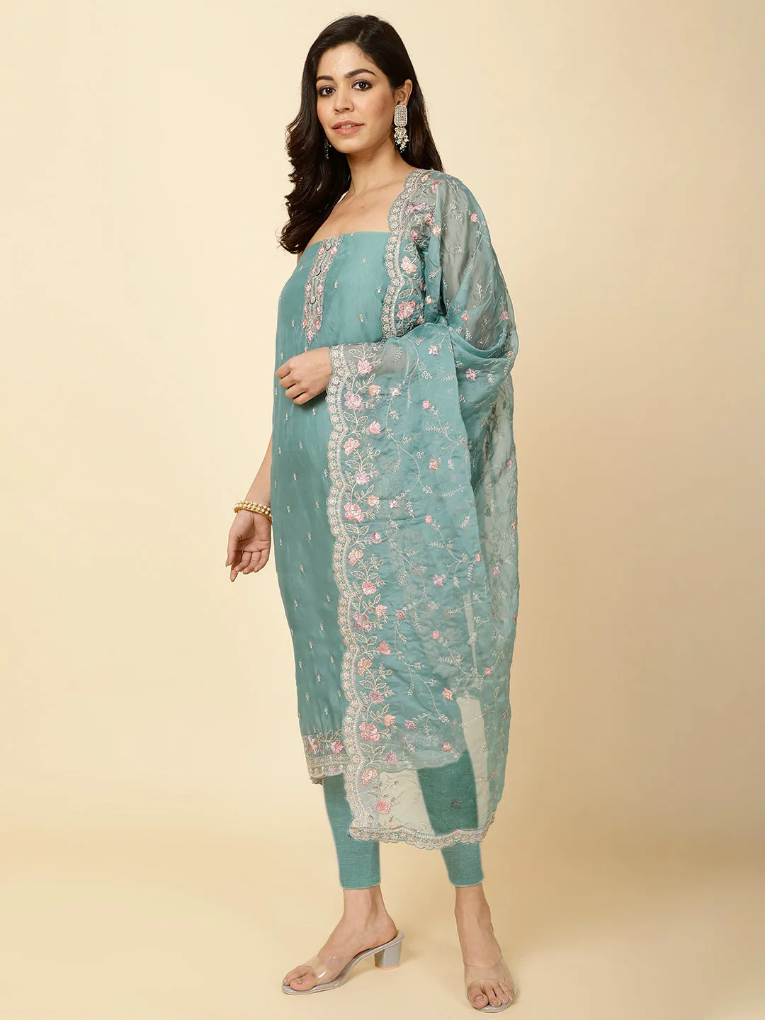 All Over Embroidery Organza Unstitched Suit Piece With Dupatta