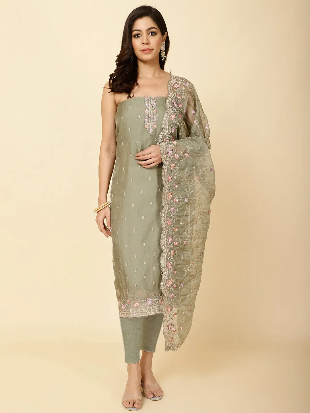 All Over Embroidery Organza Unstitched Suit Piece With Dupatta