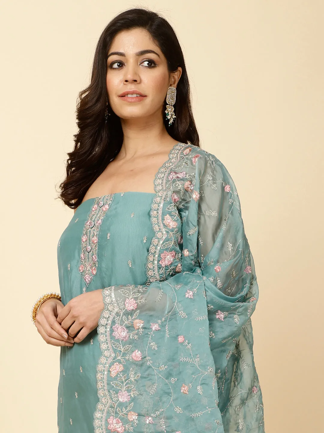 All Over Embroidery Organza Unstitched Suit Piece With Dupatta