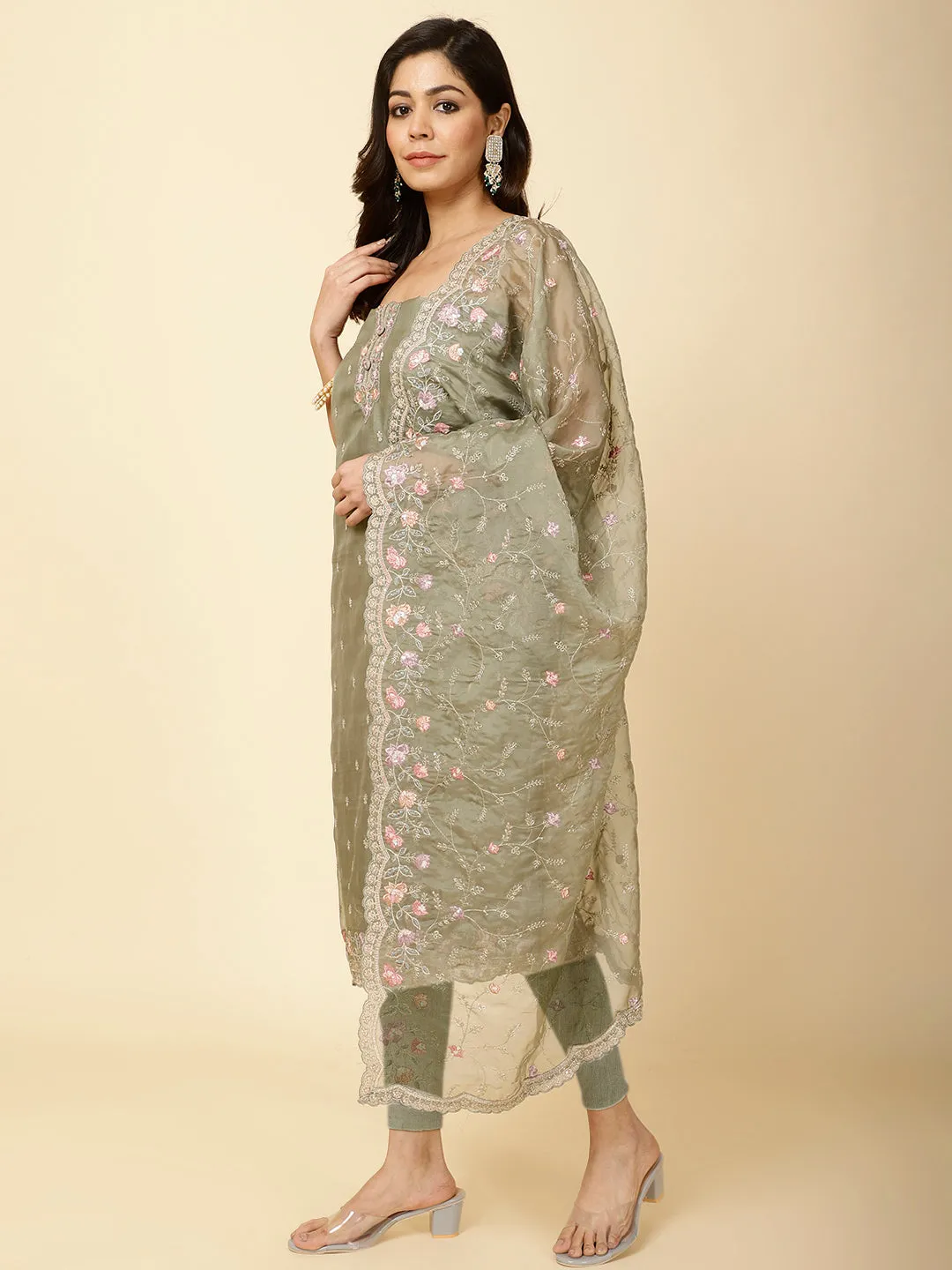 All Over Embroidery Organza Unstitched Suit Piece With Dupatta