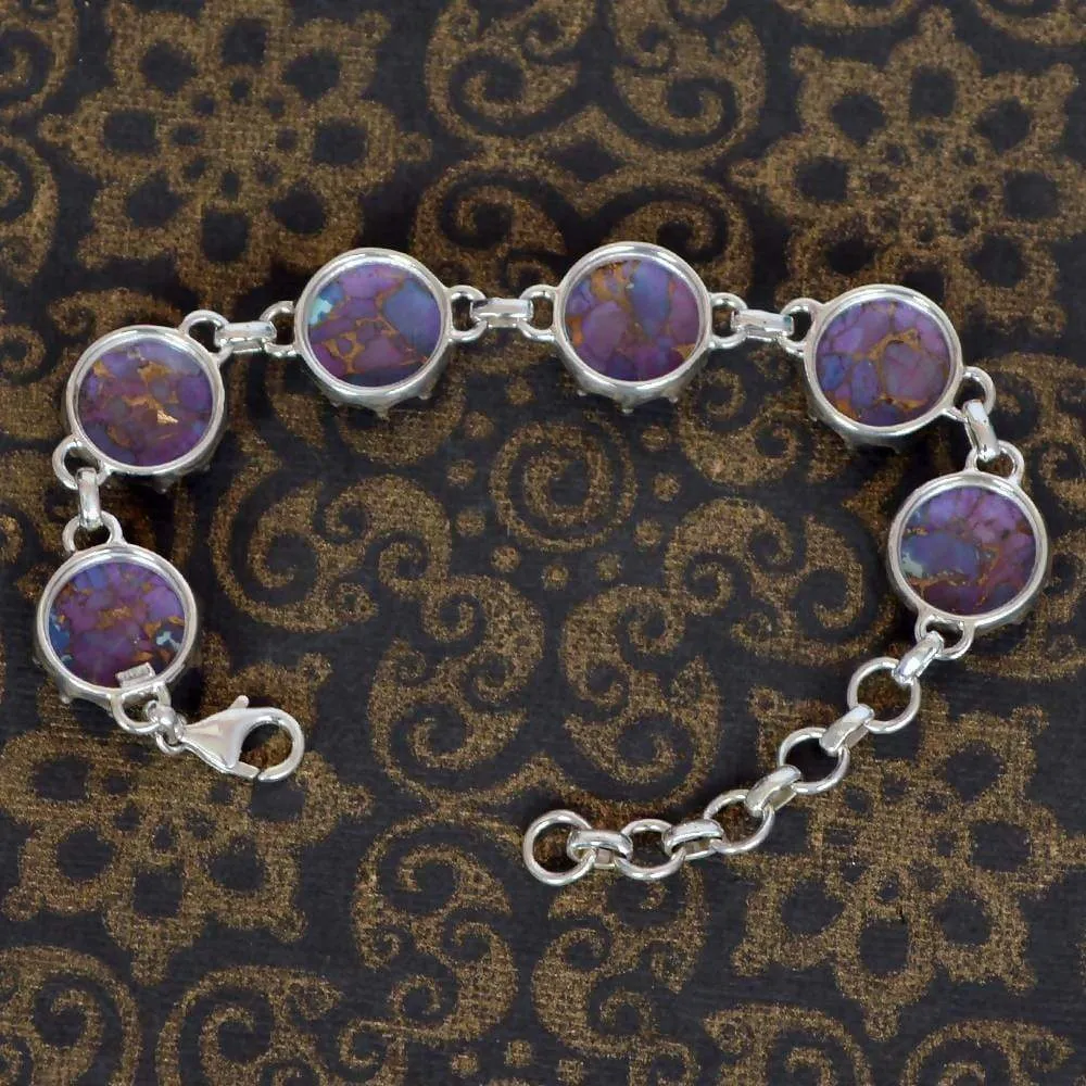 Artisans Design Natural Purple Copper Turquoise Gemstone 925 Sterling Silver Cluster Bracelet