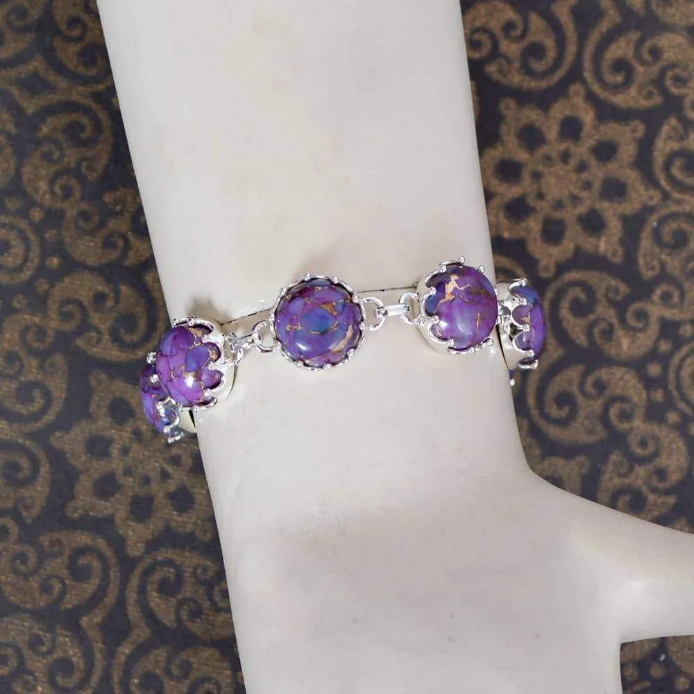 Artisans Design Natural Purple Copper Turquoise Gemstone 925 Sterling Silver Cluster Bracelet