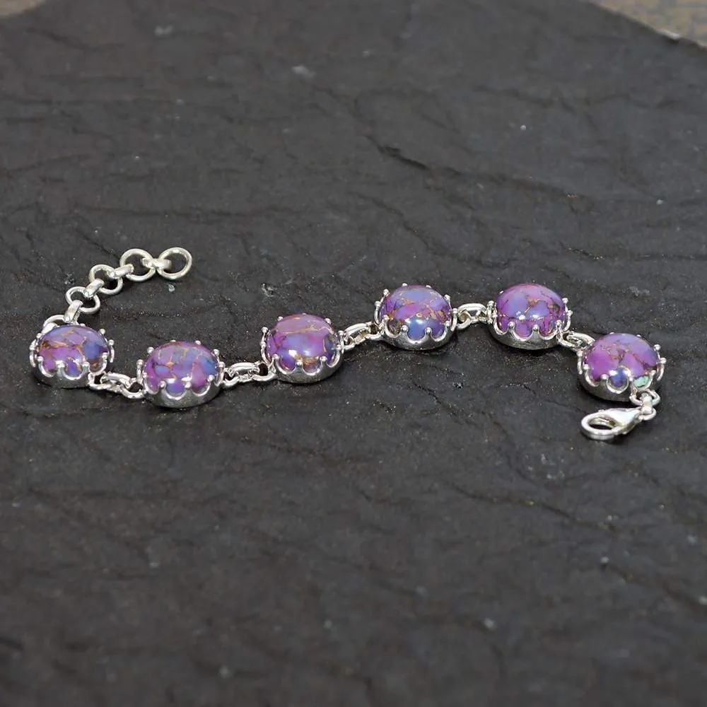 Artisans Design Natural Purple Copper Turquoise Gemstone 925 Sterling Silver Cluster Bracelet