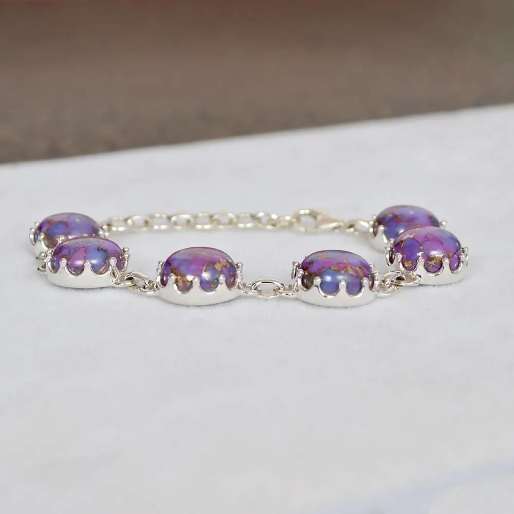 Artisans Design Natural Purple Copper Turquoise Gemstone 925 Sterling Silver Cluster Bracelet