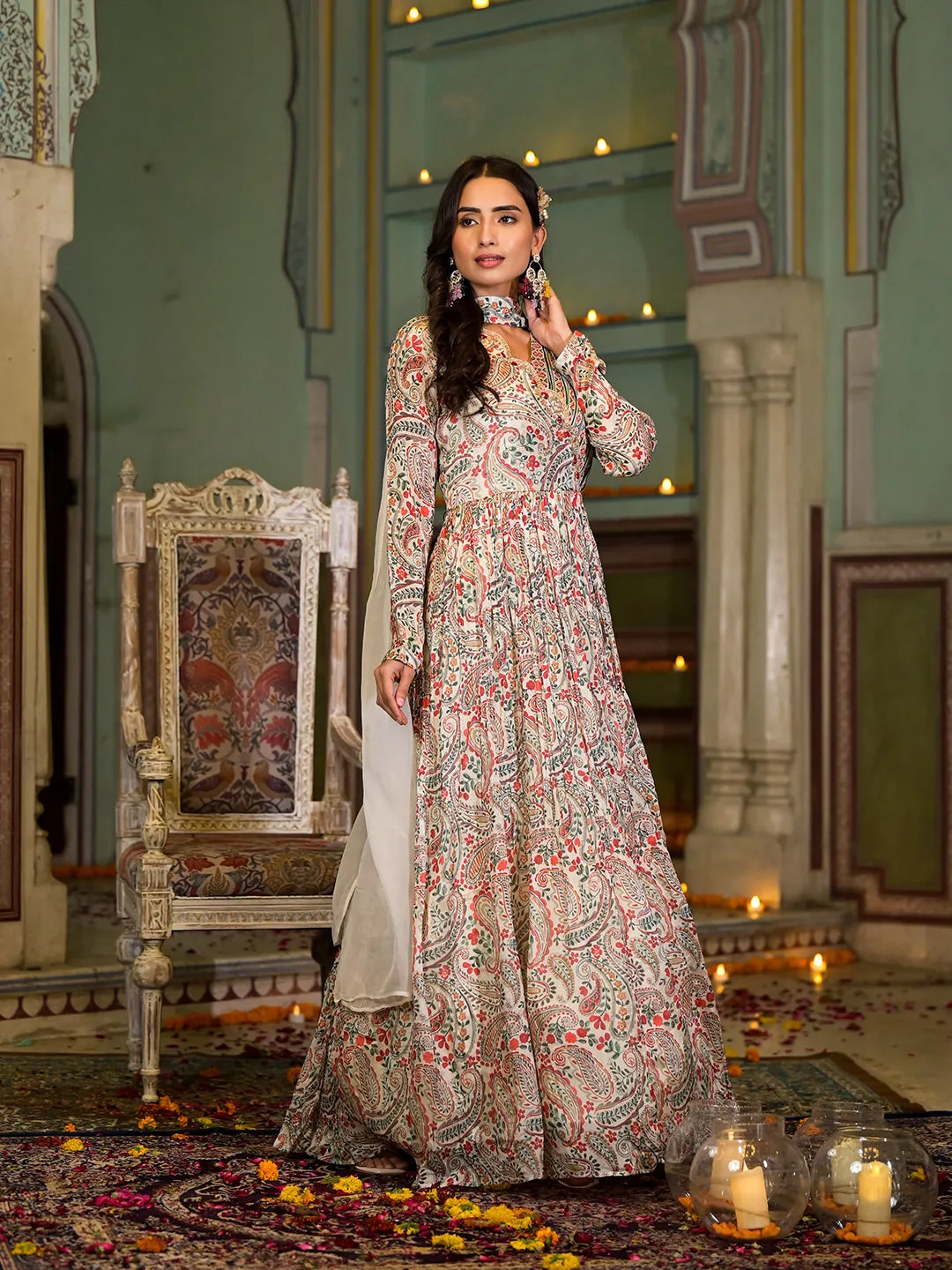 Beige Digital Print Chinon Fabric Gota Work Party Dress with Organza Dupatta