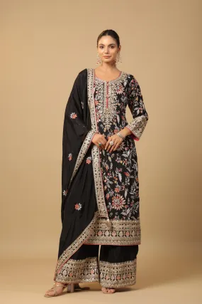 Black Embroidered Premium Chinon Silk Palazzo Set