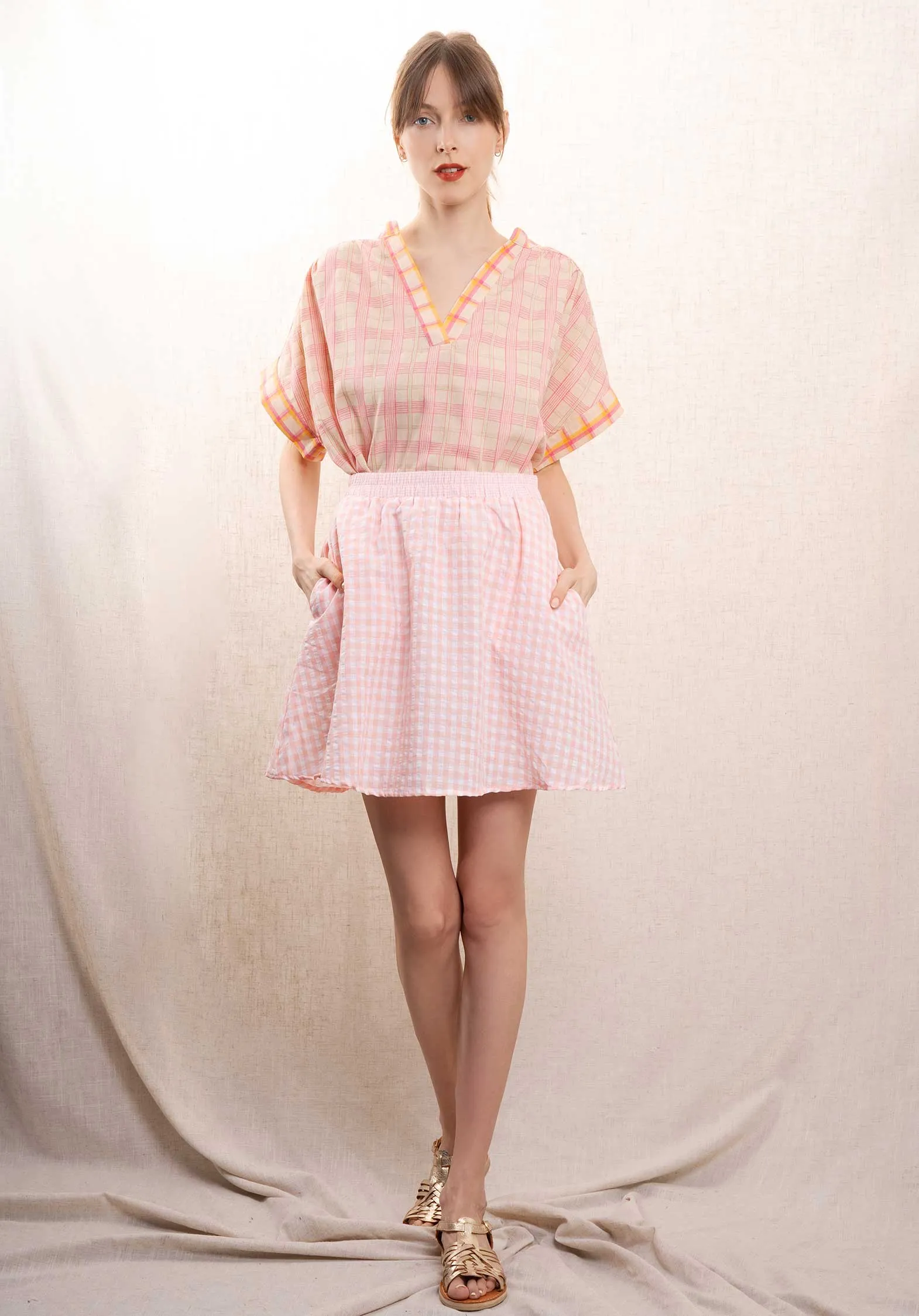 Blouse T1442 Coral-Checks