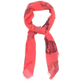 Blue Pacific Frida Cashmere and Silk Sugar Skull Neckerchief Scarf in Vivid Coral