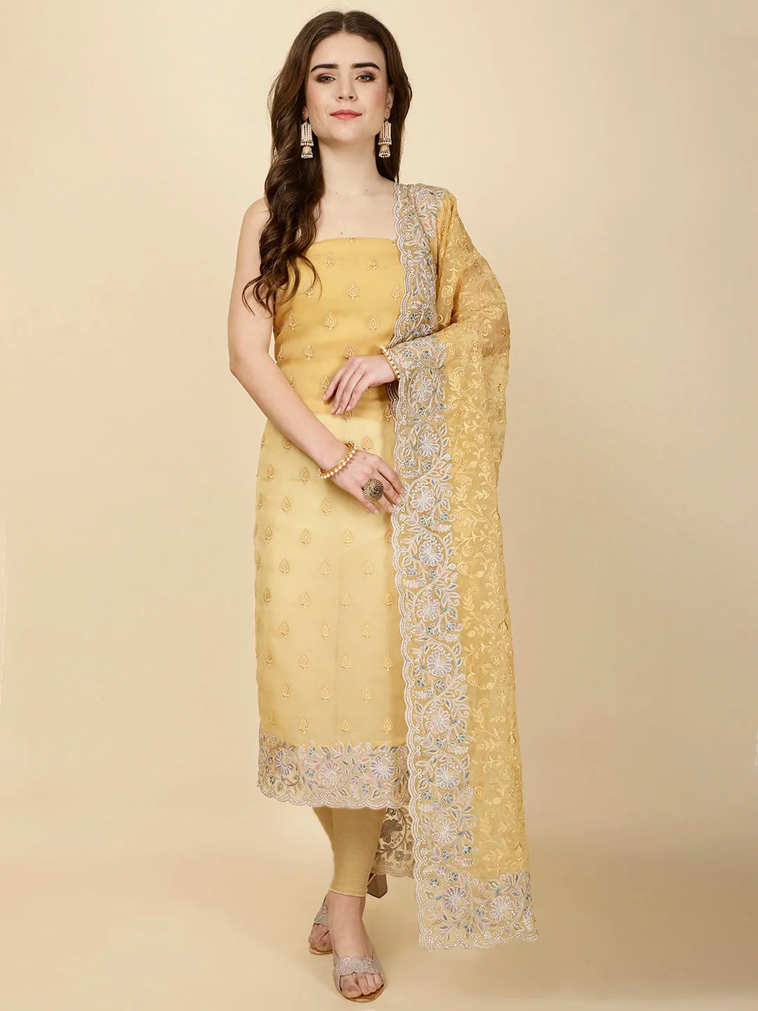 Border With Booti Embroidered Georgette Unstitched Suit Piece With Dupatta