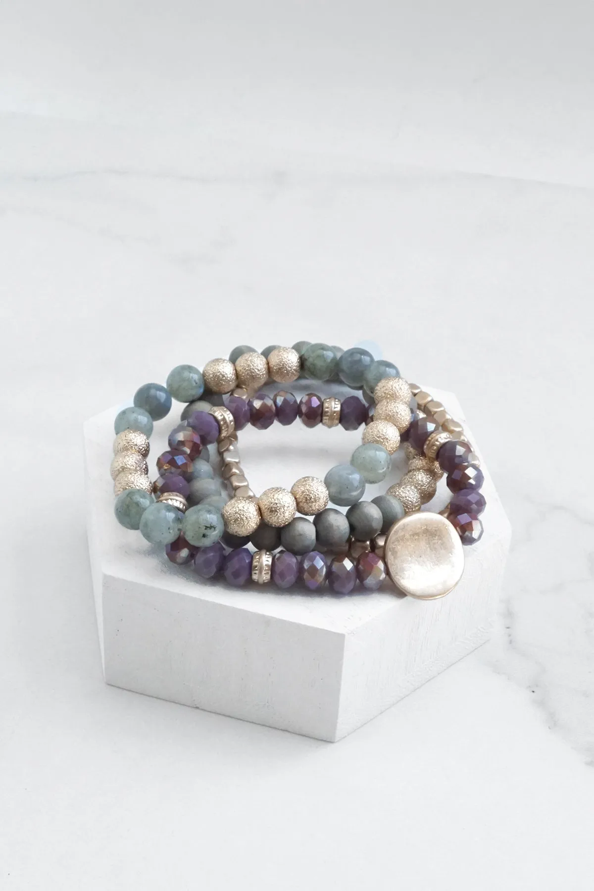 Bracelet Stack of 4 pieces purple and Gray Semi-precious glass wood and metal beads