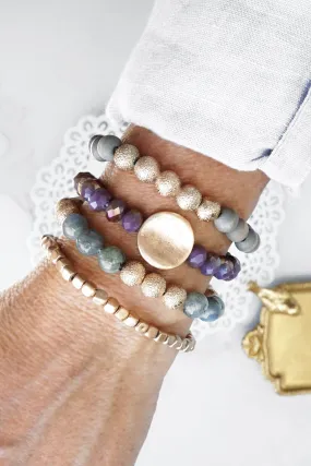 Bracelet Stack of 4 pieces purple and Gray Semi-precious glass wood and metal beads