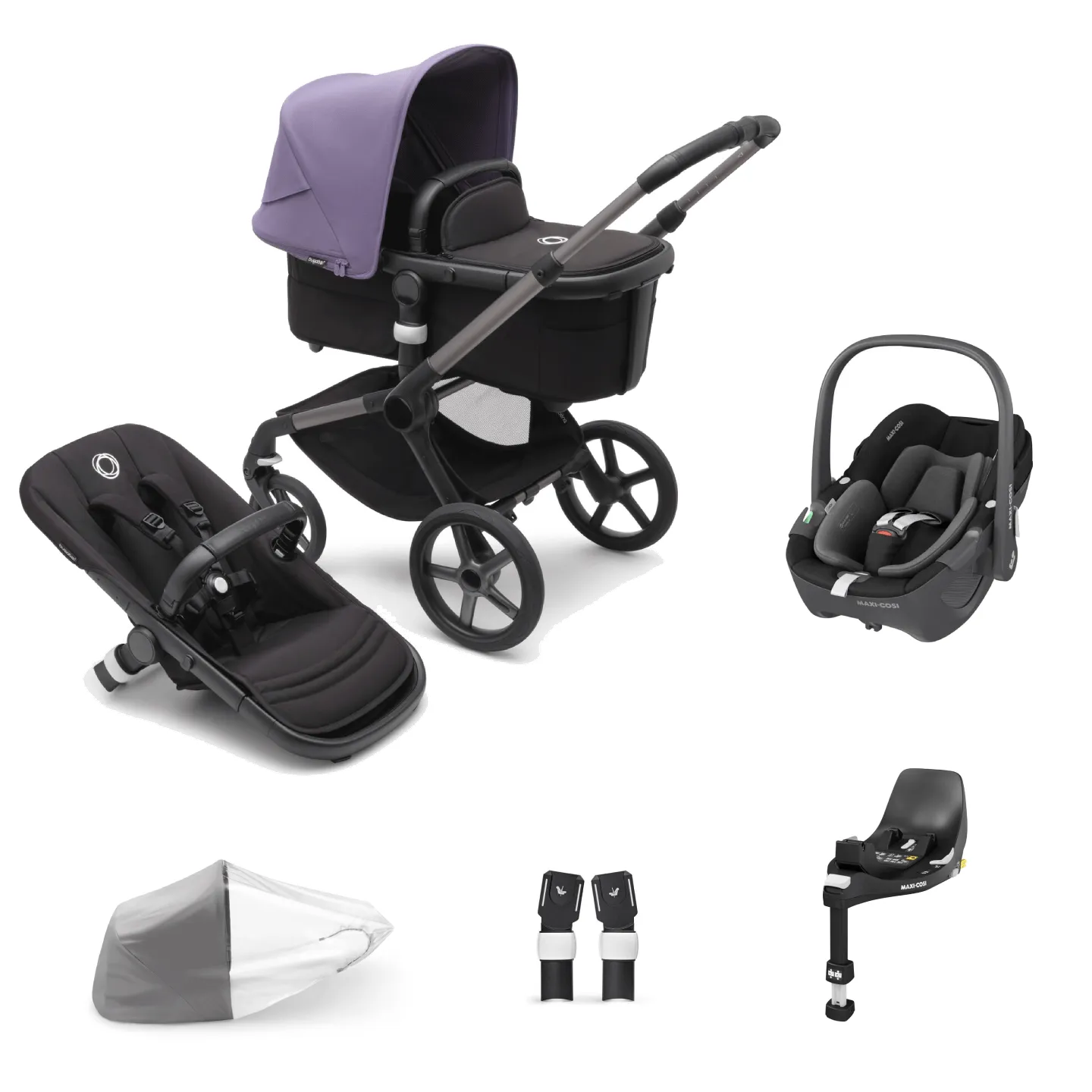 Bugaboo Fox 5, Pebble 360 and Base Travel System - Graphite/Midnight Black/Astro Purple