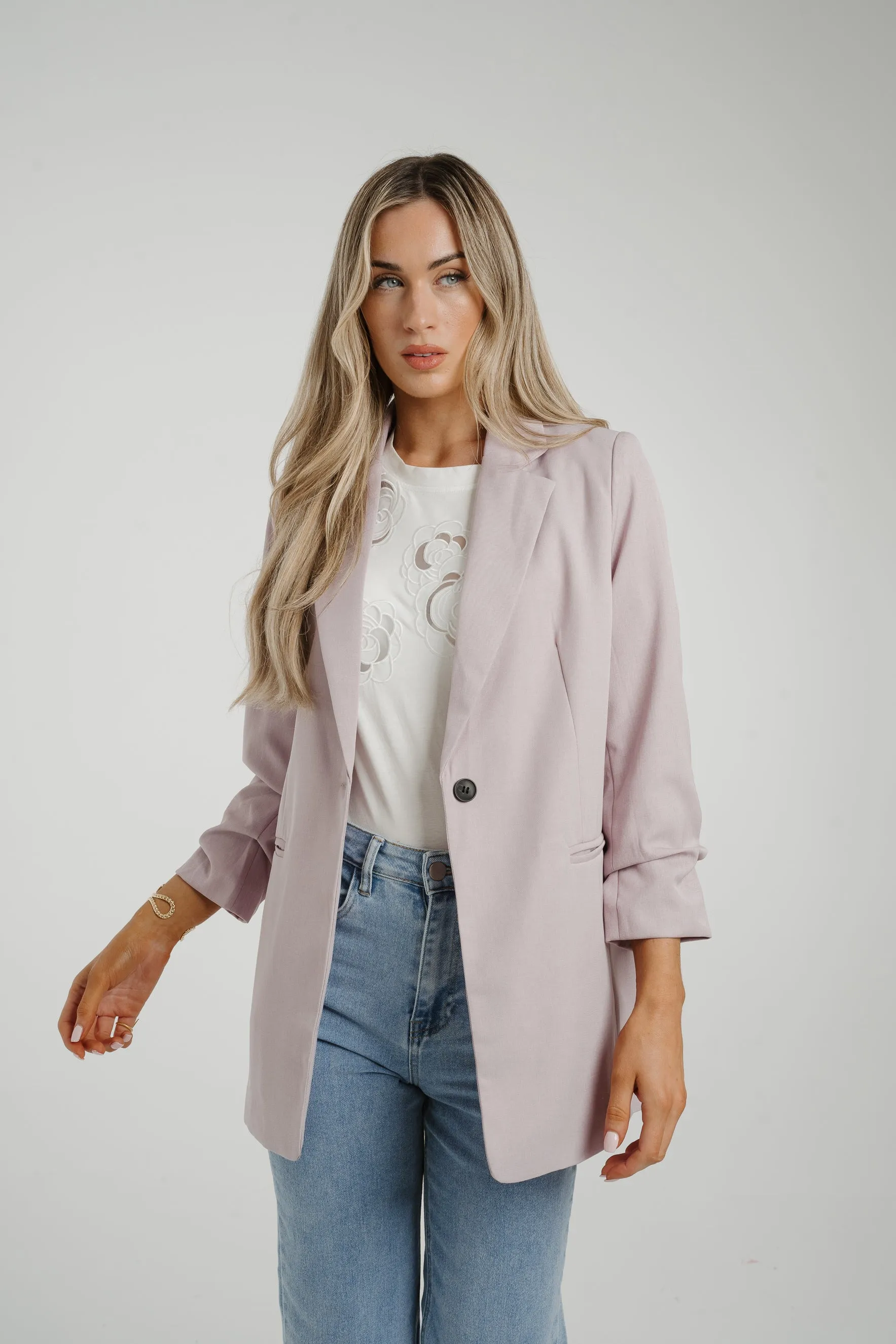 Caitlyn Ruched Sleeve One Button Blazer In Lilac