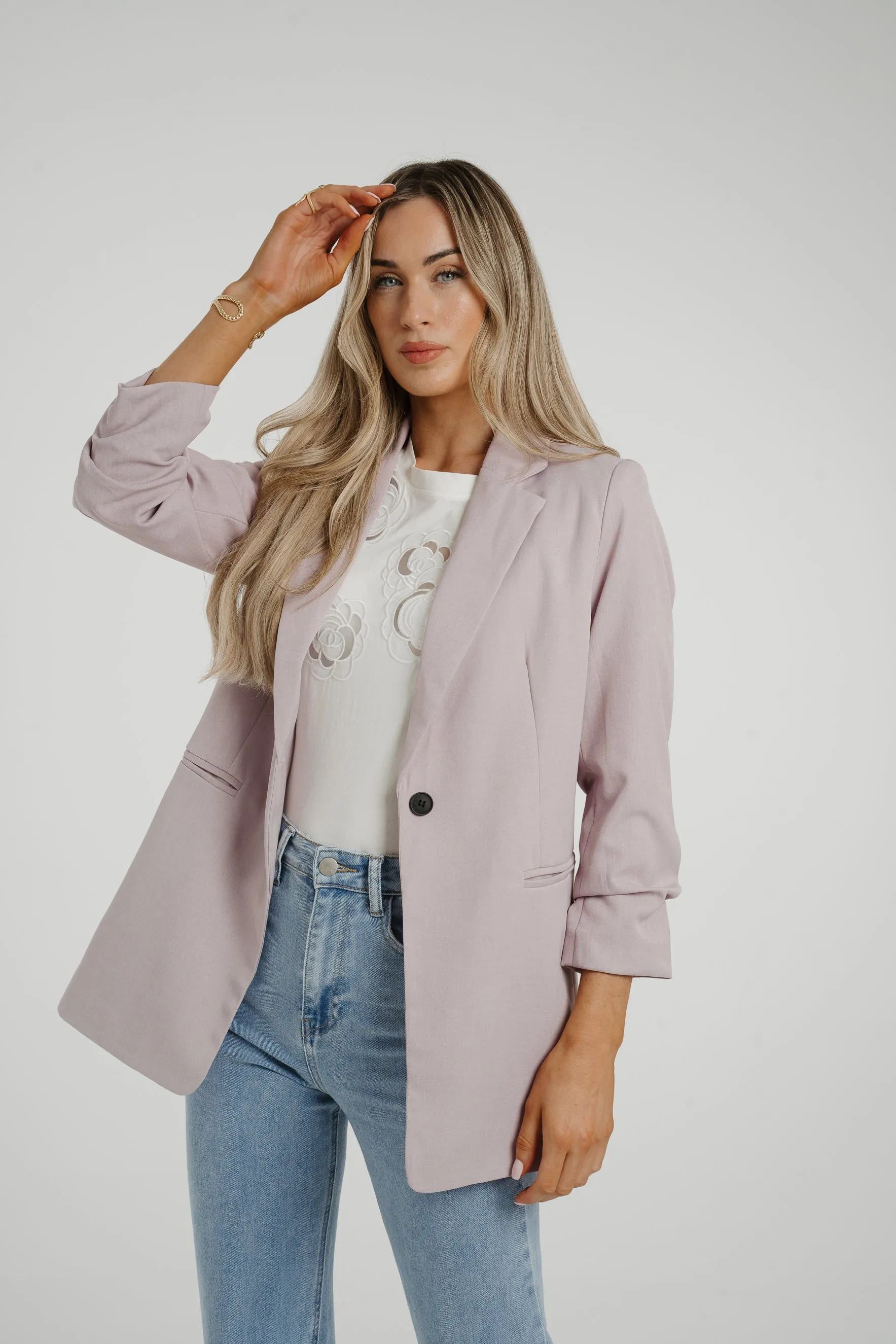 Caitlyn Ruched Sleeve One Button Blazer In Lilac