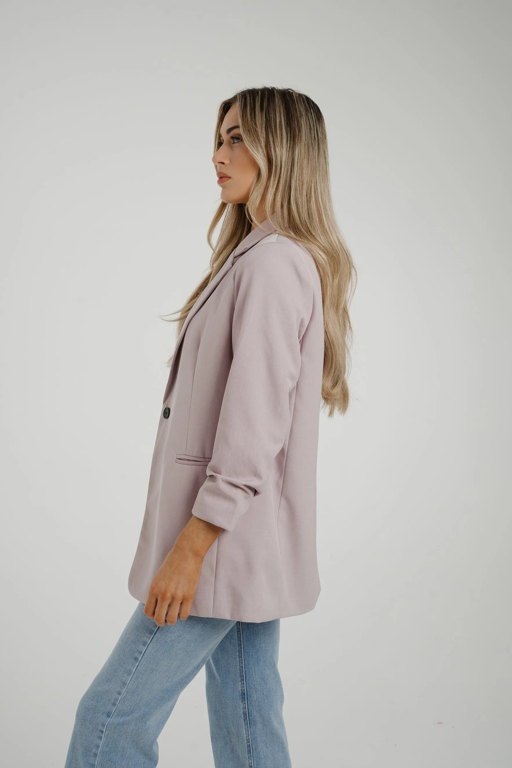 Caitlyn Ruched Sleeve One Button Blazer In Lilac