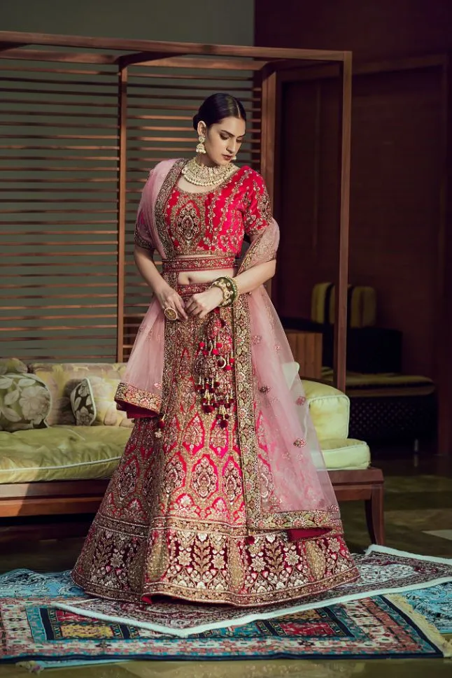 Carnation Red Embroidered Bridal Lehenga - Rent