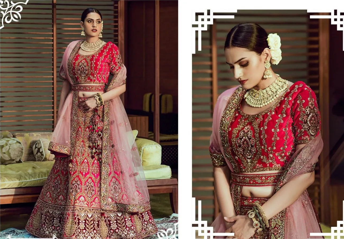 Carnation Red Embroidered Bridal Lehenga - Rent