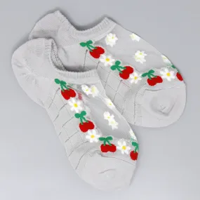 Cherry And Flower Print Sheer No Show Cotton Socks