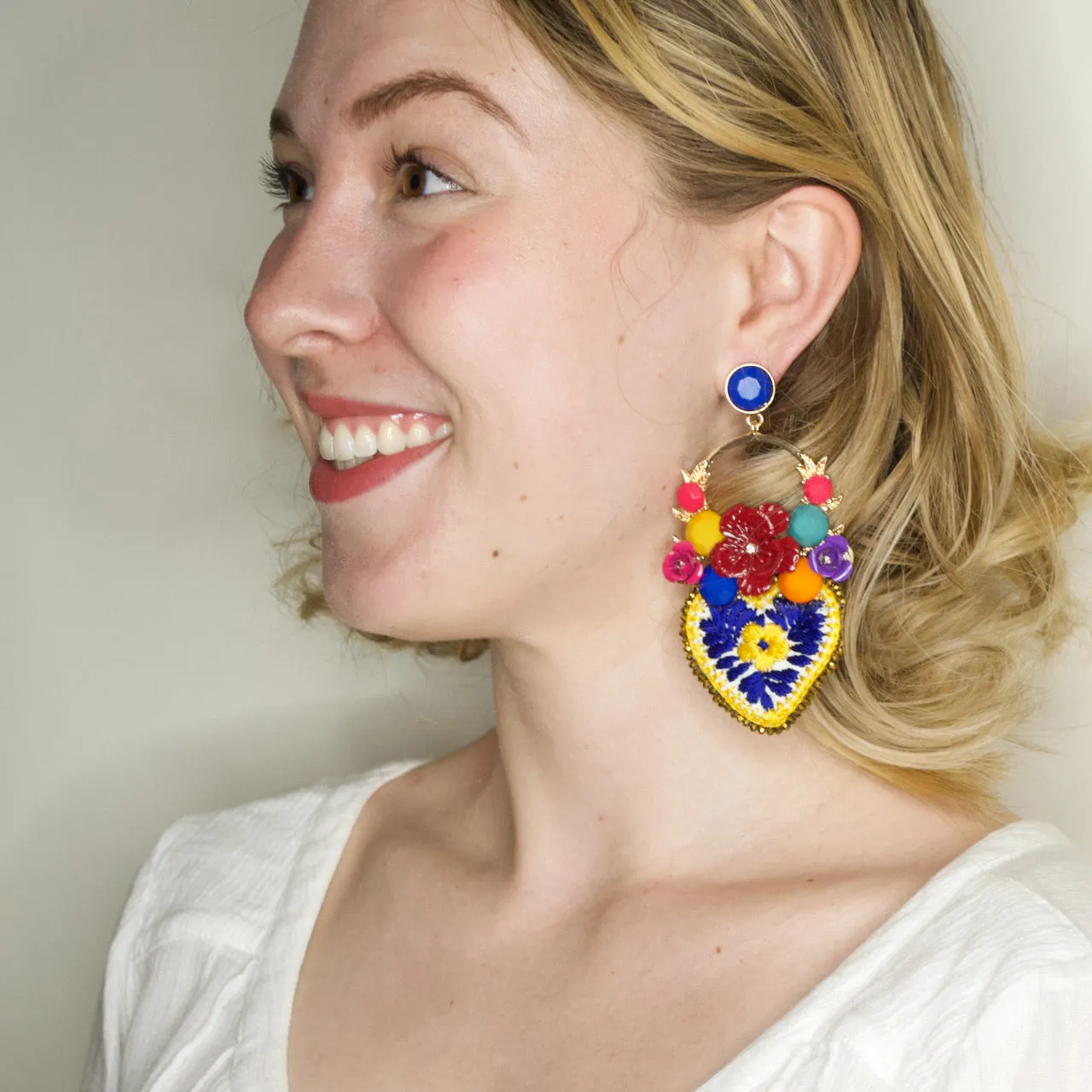 Colorful Flower and Embroidered Heart Drop Earrings