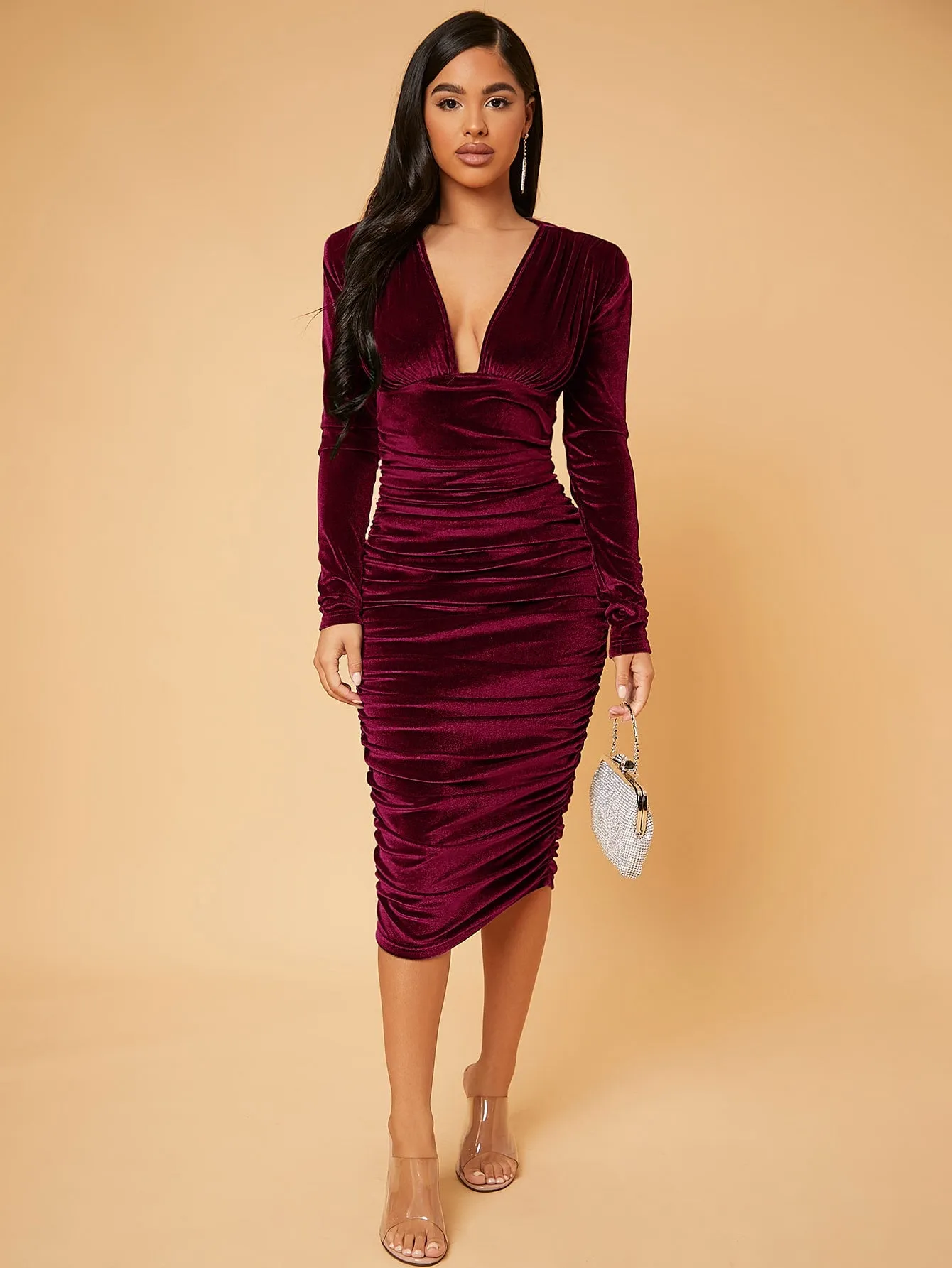 Deep V Neck Ruched Velvet Bodycon Dress