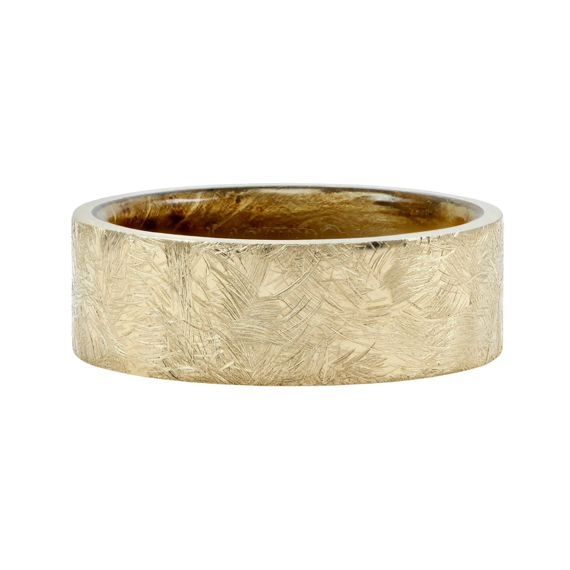 Distressed finish 14K yellow gold 8mm wedding band with whiskey barrel wood sleeve, size 10