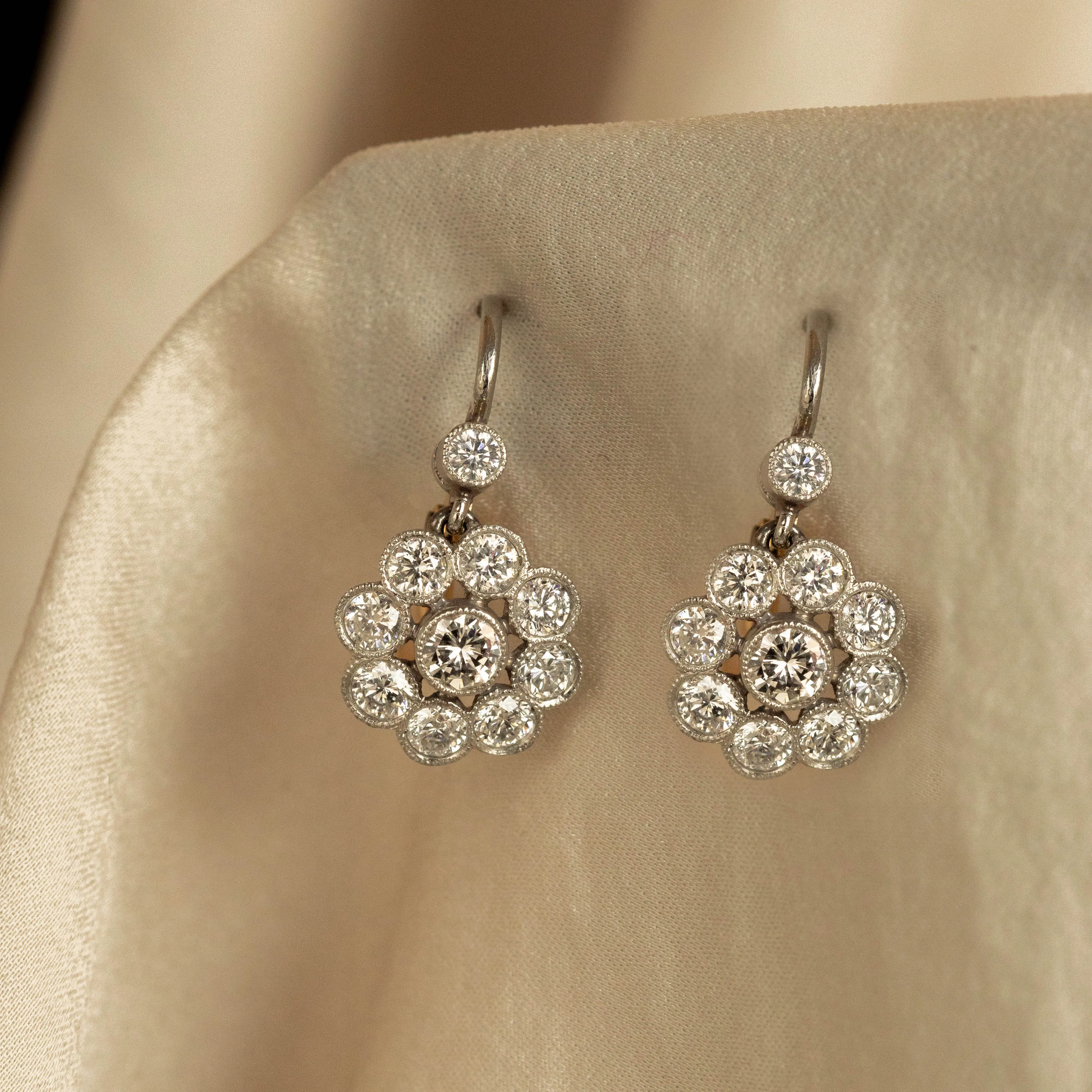 Edwardian Inspired 1.65 Carat Diamond Cluster Drop Earrings