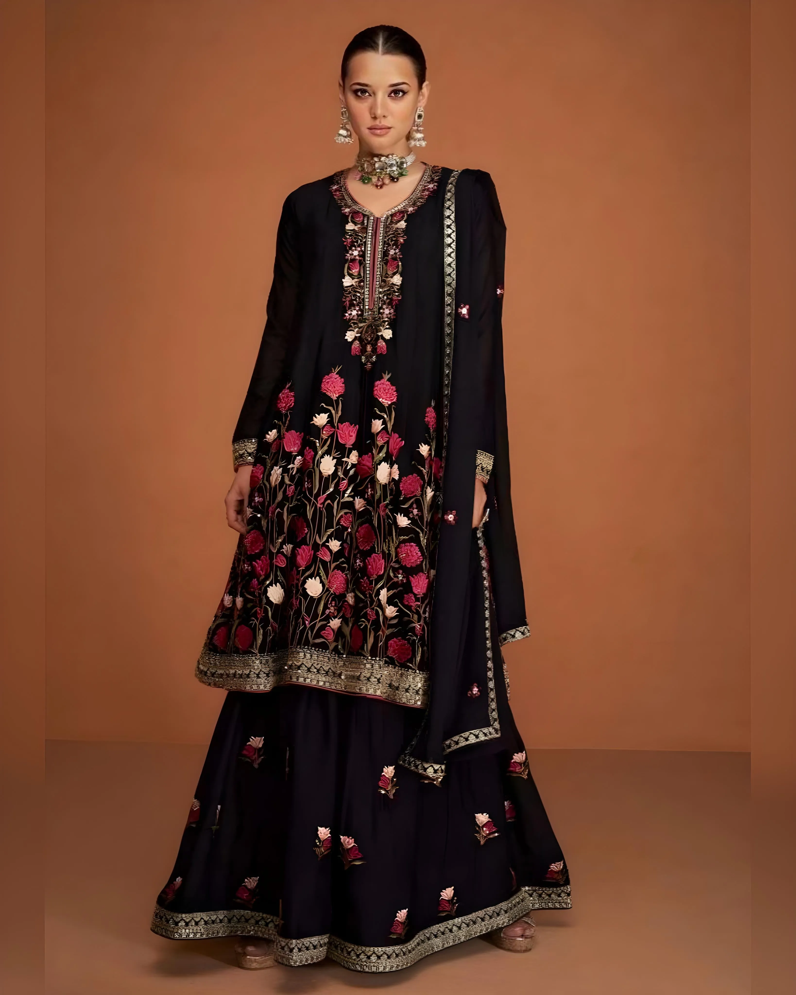 Embroidered Georgette Palazzo Salwar Suits Black