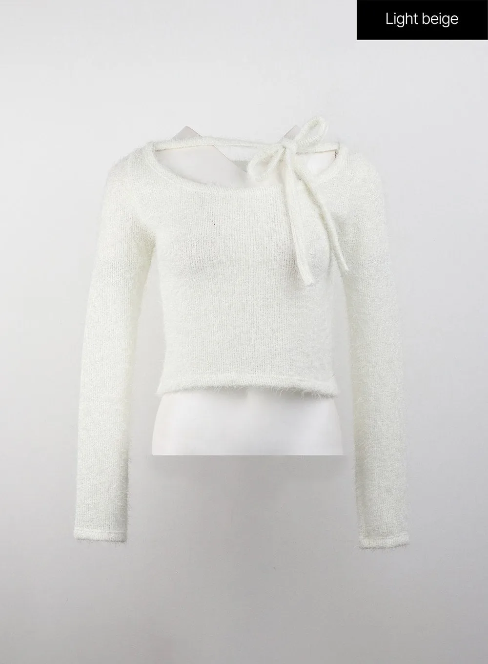 Fuzzy Soft Halter String Solid Knitted Long Sleeve Top CJ409