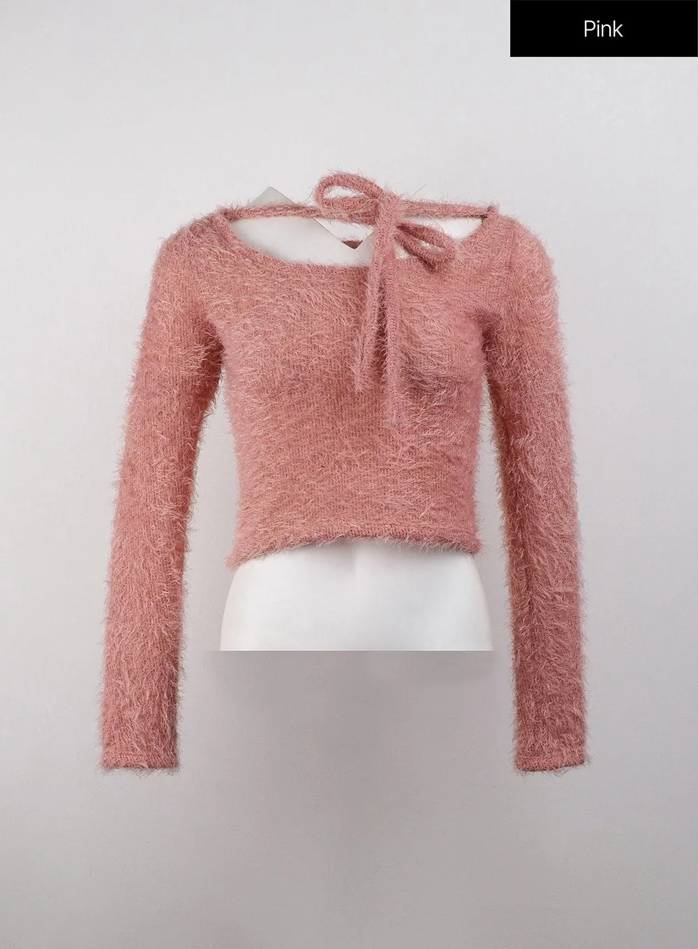 Fuzzy Soft Halter String Solid Knitted Long Sleeve Top CJ409