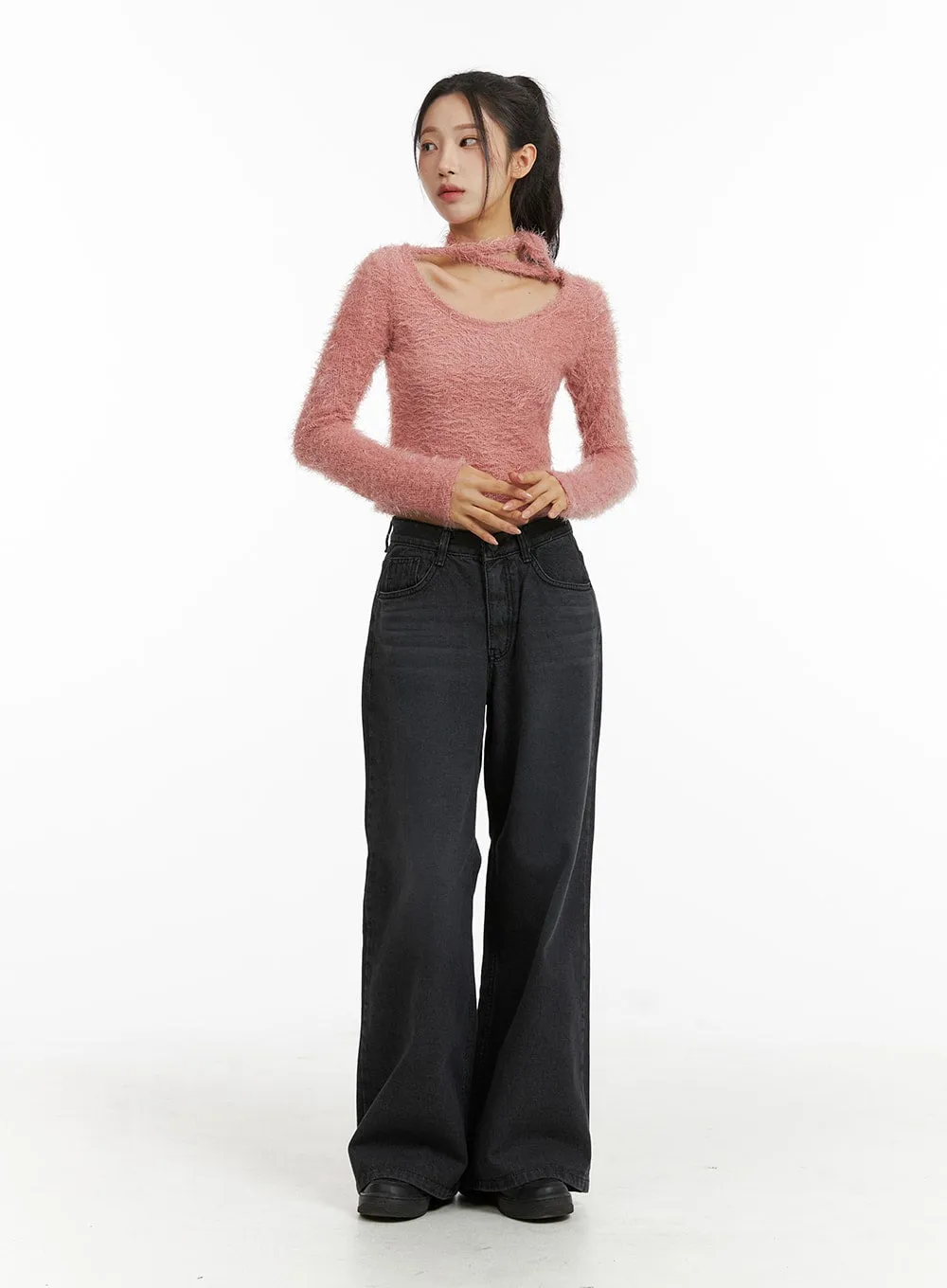 Fuzzy Soft Halter String Solid Knitted Long Sleeve Top CJ409