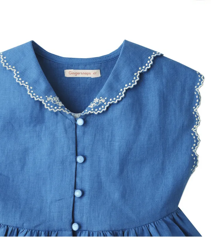 GINGERSNAPS SS24 Girls Retro Embroidered Sailor Collar Chambray Dress