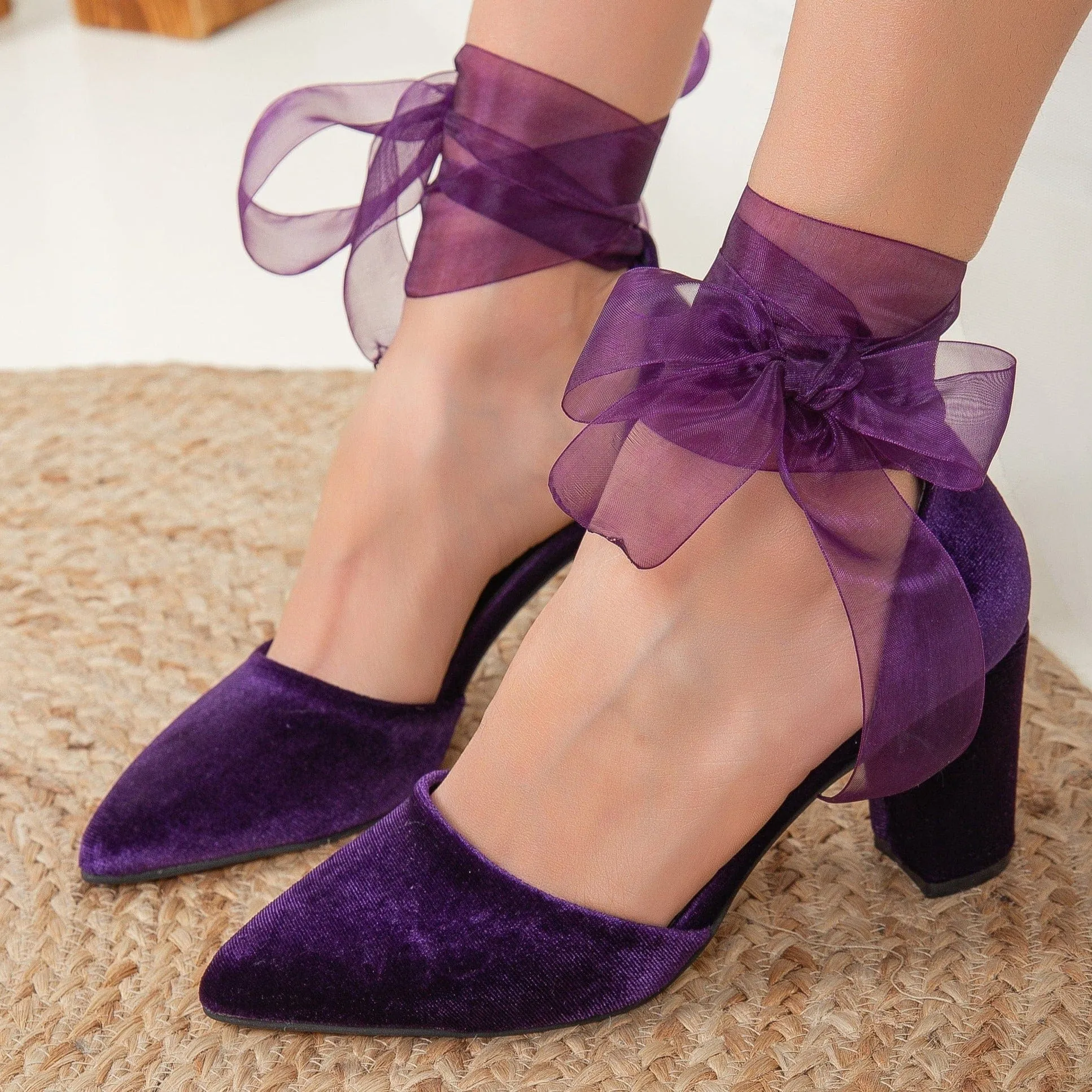 Gisele Vegan Velvet Ribbon Heels | Purple