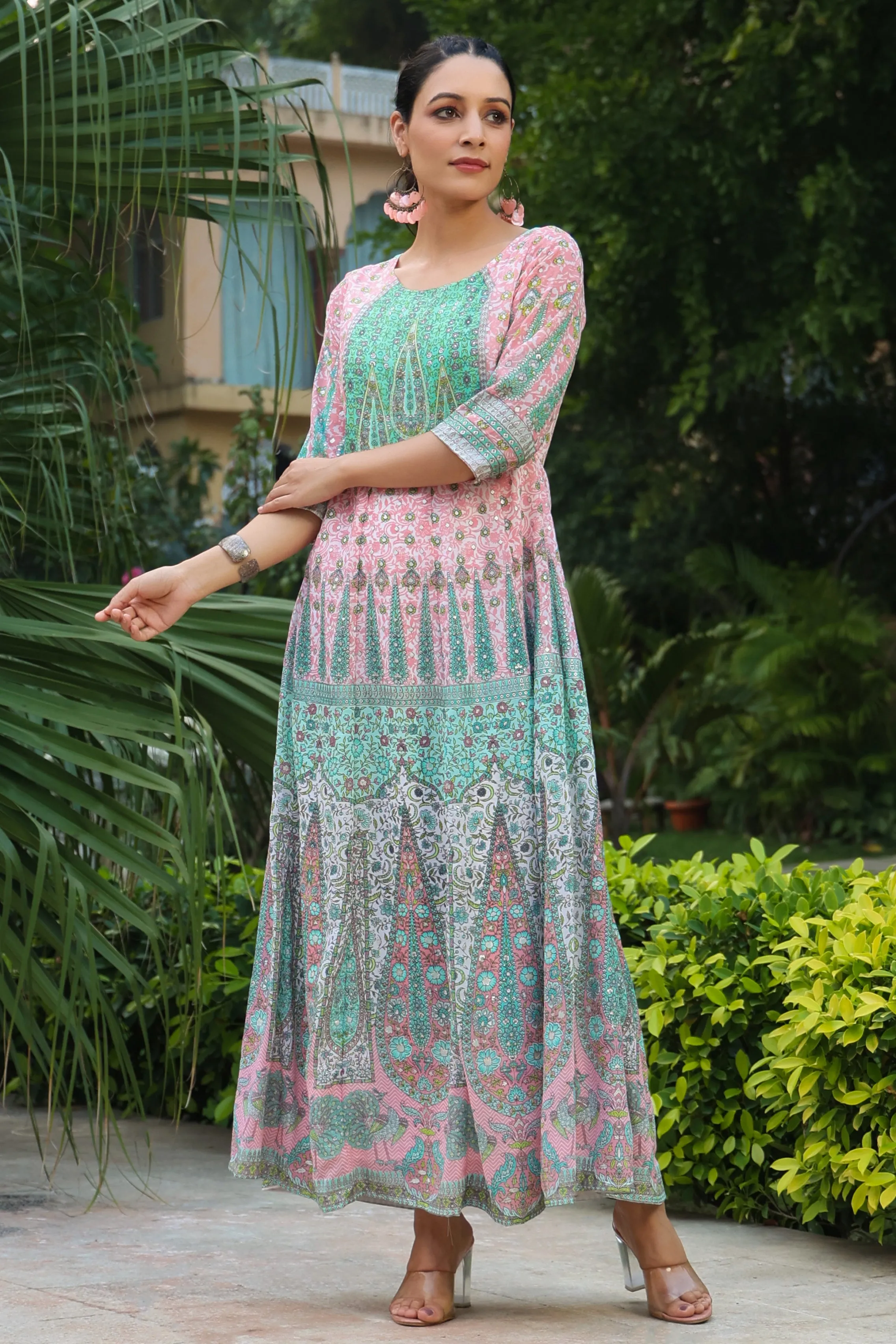 Juniper Peach Ethnic Motif Printed Georgette Anarkali Dress