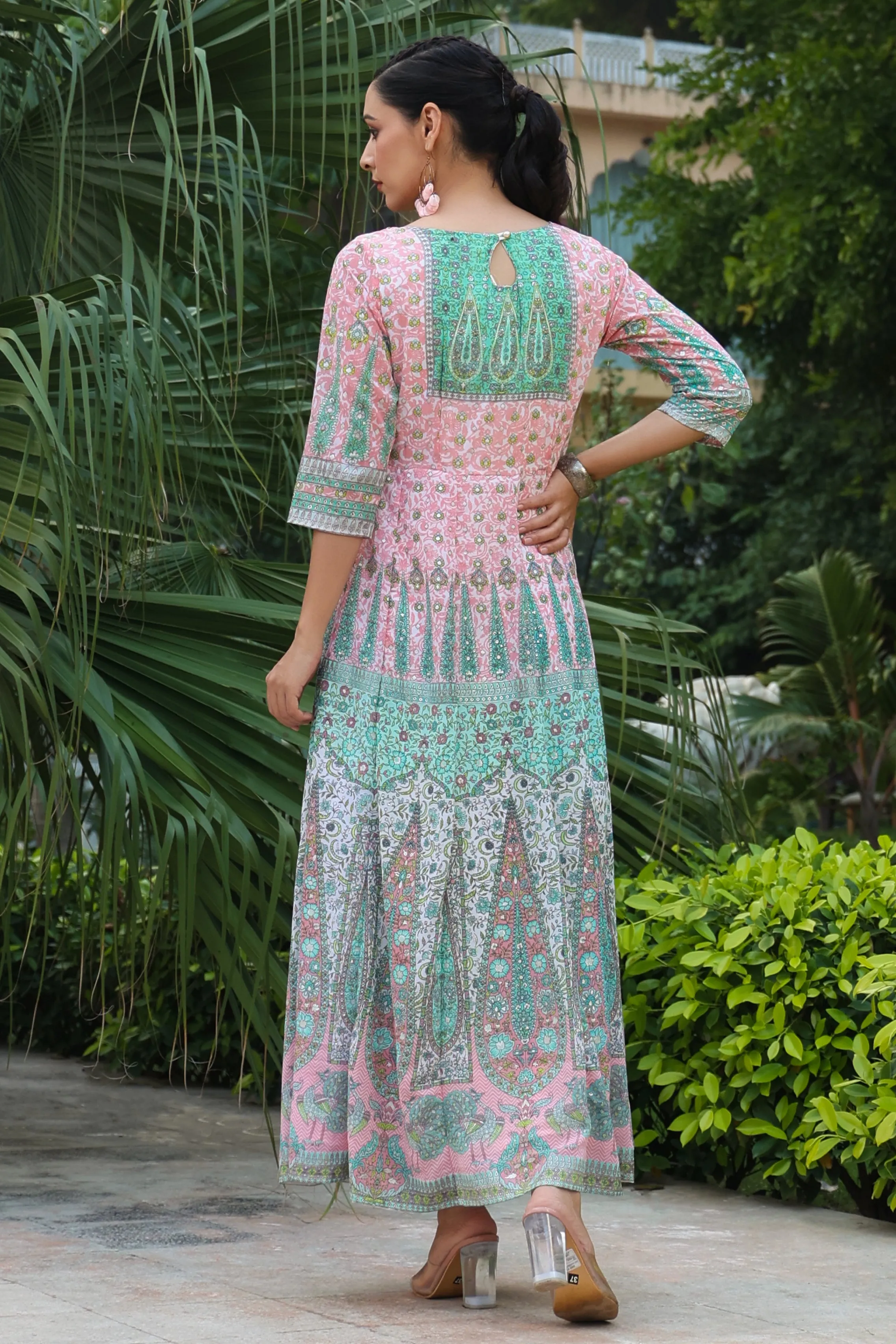 Juniper Peach Ethnic Motif Printed Georgette Anarkali Dress