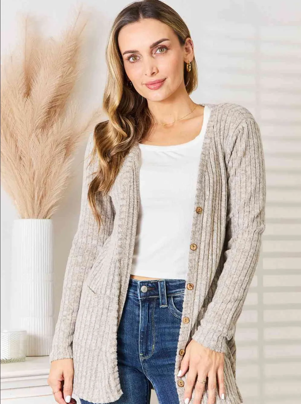 Khaki Ribbed Button-Up Cardigan with Pockets (Online Exclusive)