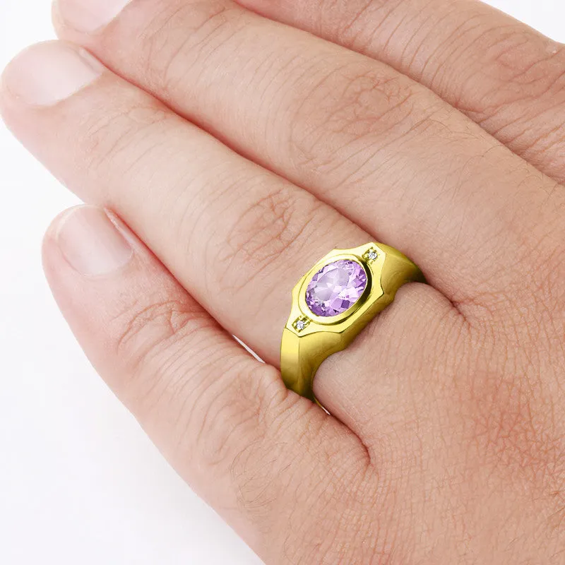 Men's Ring Diamonds with Purple Amethyst in 10k Yellow Gold