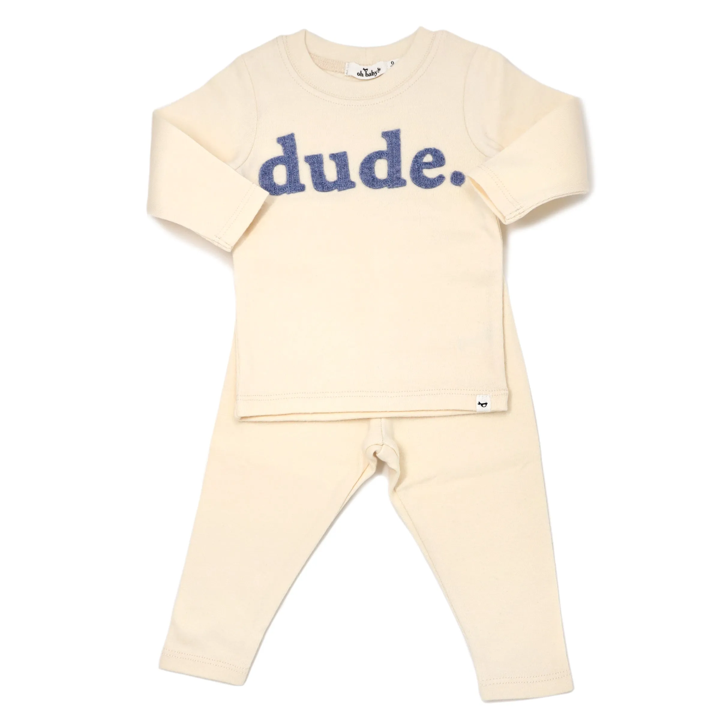 oh baby! Long Sleeve Two Piece Set Ribbed dude Applique  - Vanilla