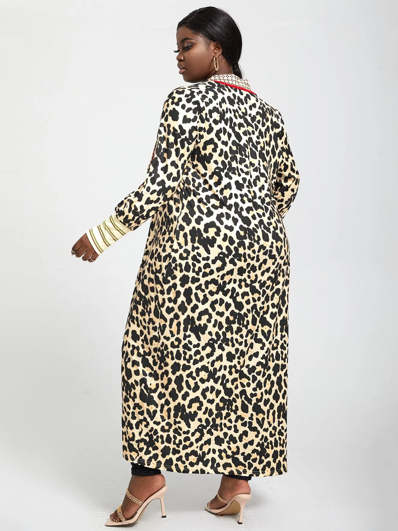 Plus Leopard Print Contrast Trim Coat