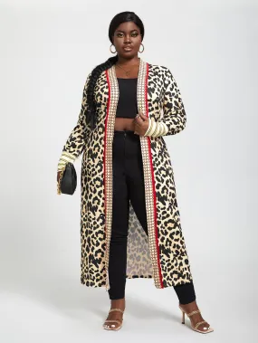 Plus Leopard Print Contrast Trim Coat