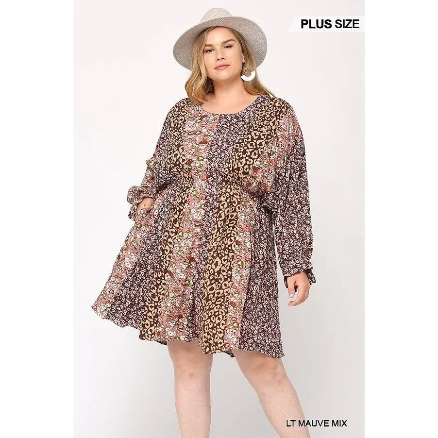 Print Mixed Dolman Sleeve Dress With Side Pockets