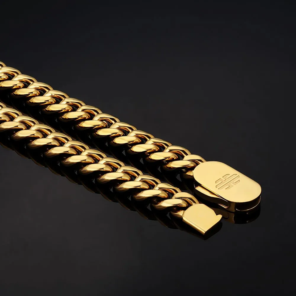 Push Button Clasp | 10mm Miami Cuban Link Chain and Bracelet Set in 18K Gold KRKC