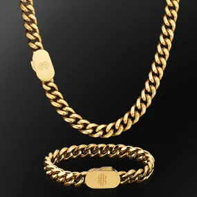 Push Button Clasp | 10mm Miami Cuban Link Chain and Bracelet Set in 18K Gold KRKC