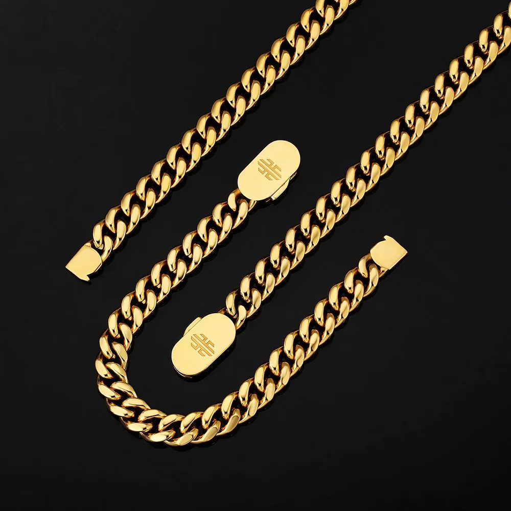 Push Button Clasp | 10mm Miami Cuban Link Chain and Bracelet Set in 18K Gold KRKC