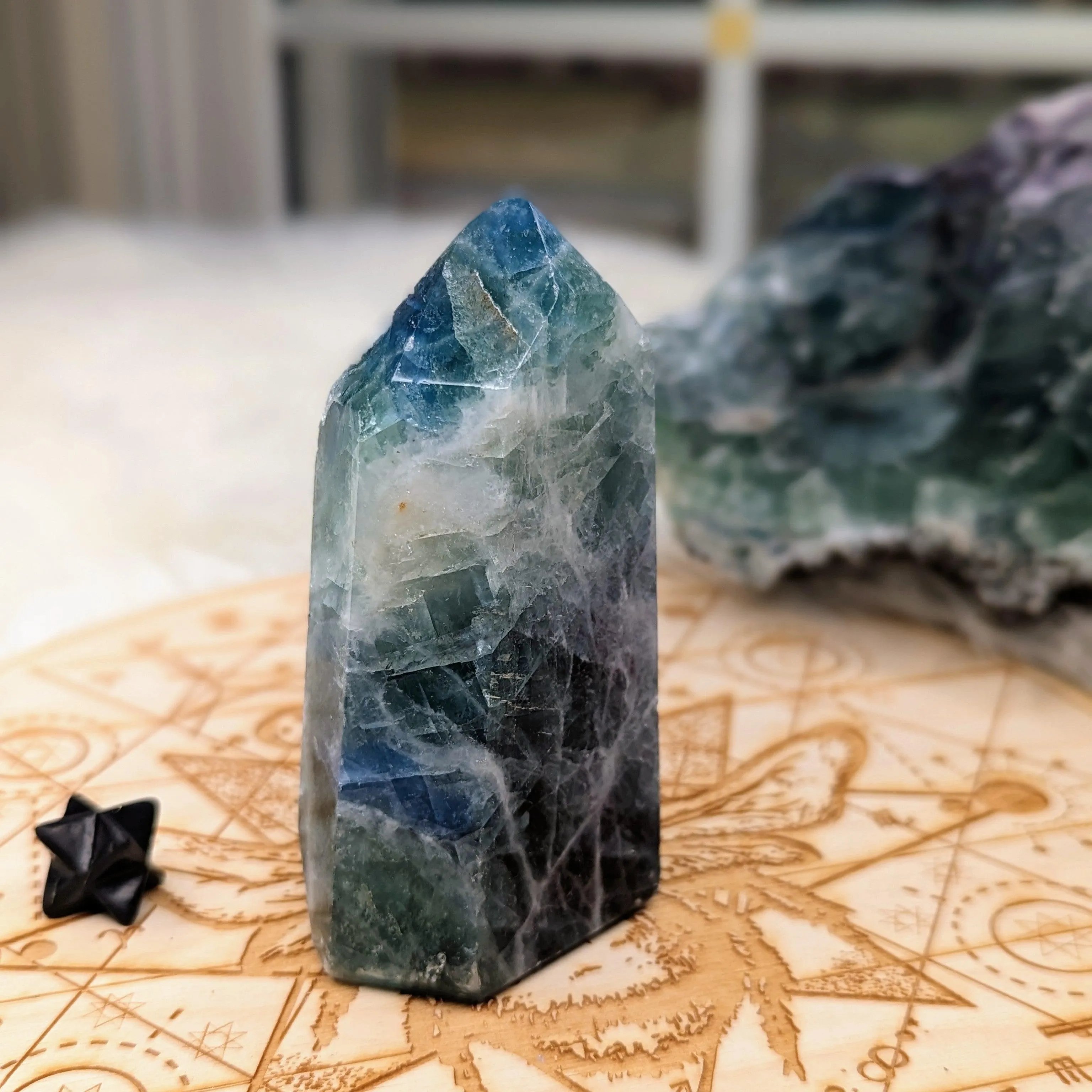 Rainbow Flourite Obelisk Carving ~Display Generator ~  Vibrant Greens and Blues