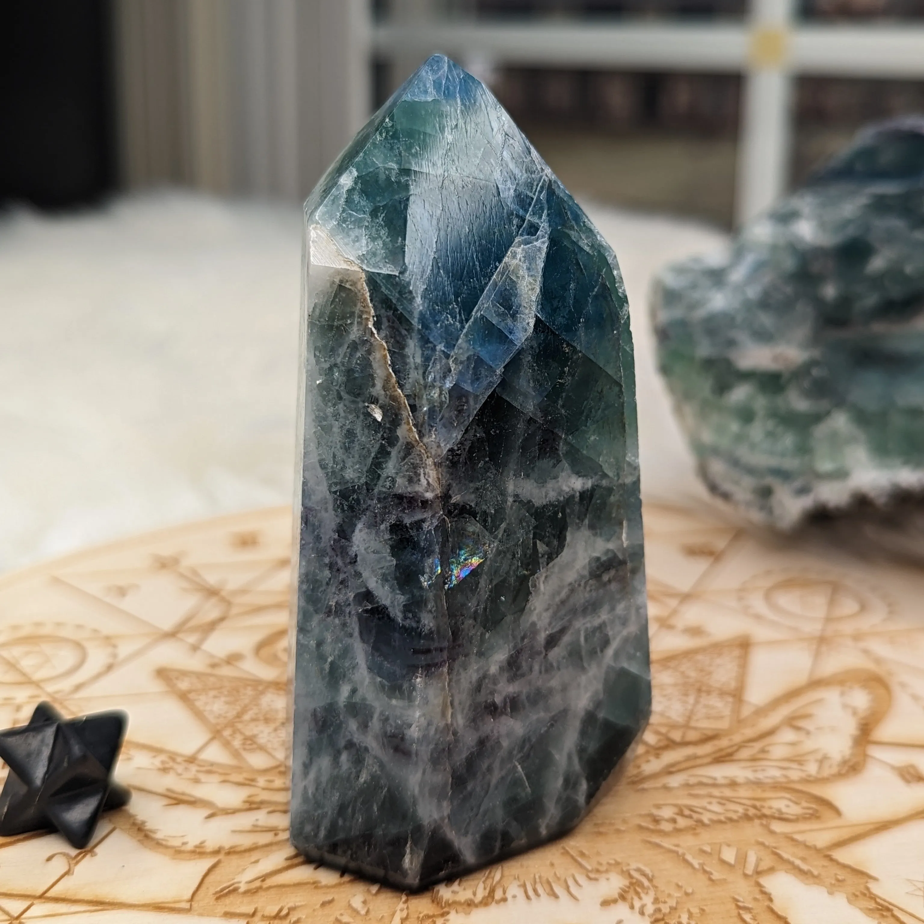 Rainbow Flourite Obelisk Carving ~Display Generator ~  Vibrant Greens and Blues