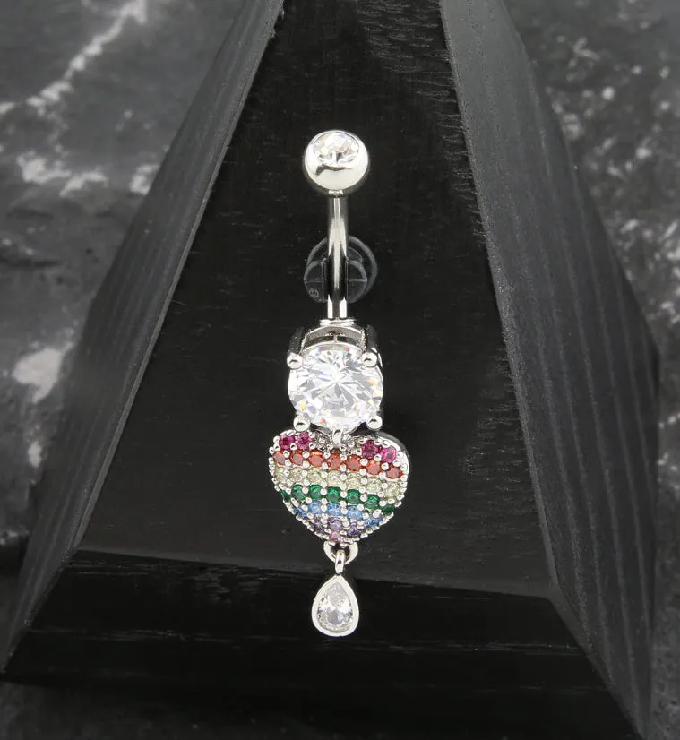 Rainbow Heart Teardrop CZ Dangle Stainless Steel Belly Button Ring