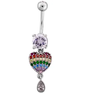 Rainbow Heart Teardrop CZ Dangle Stainless Steel Belly Button Ring